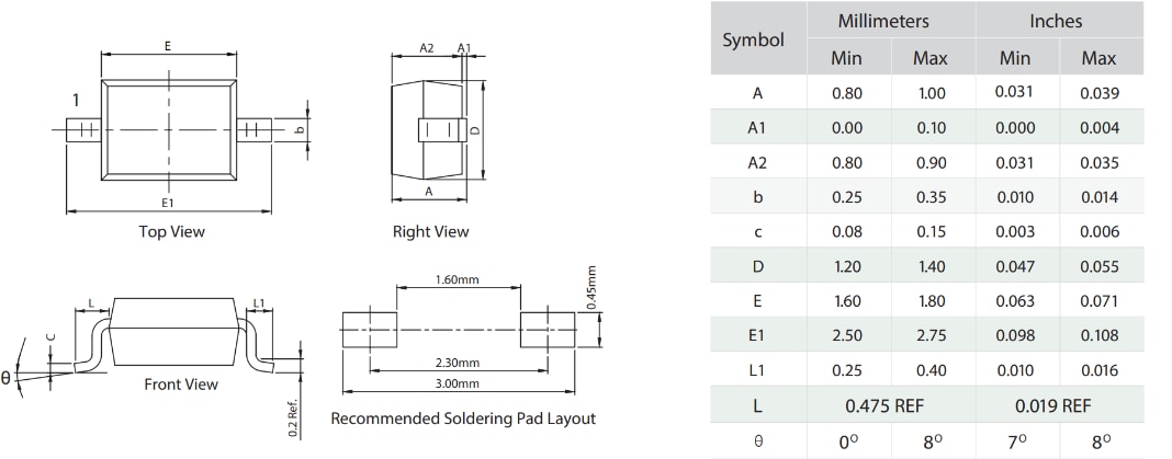 Mechanical Drawing - Littelfuse AQW05/SDW05-01FTG Unidirectional TVS Diodes